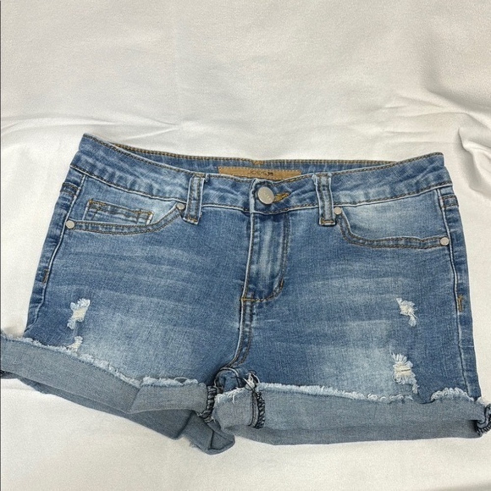JOE’S distressed 5 pocket cotton blend button and tip up denim shorts